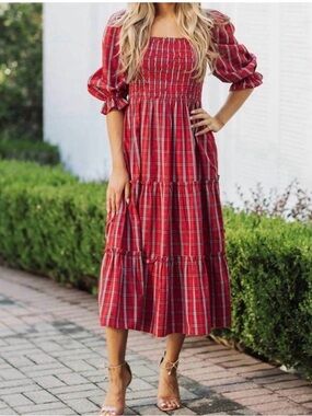 J.Marie Rayna Square Neck Puff Sleeve Midi Red Plaid Smocked Dress - Women